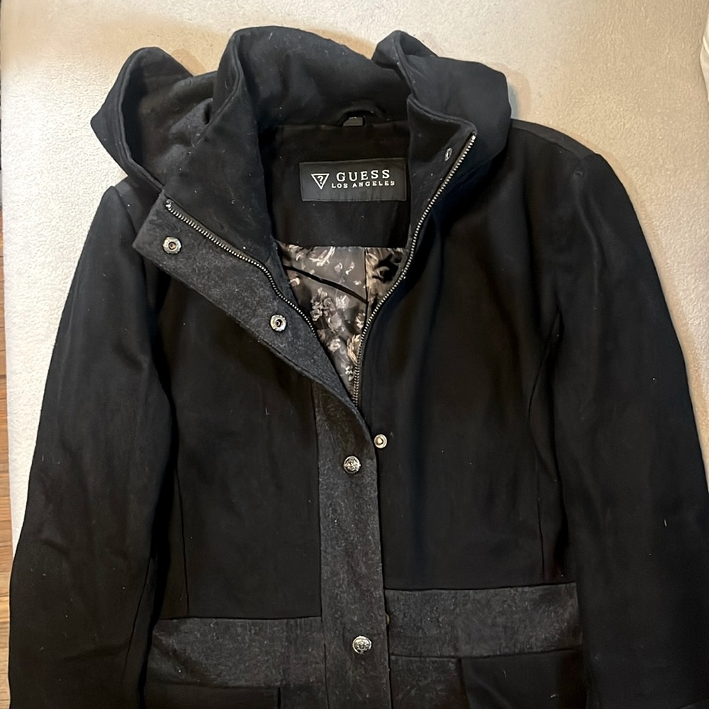 Guess wool women’s winter coat, black and grey.